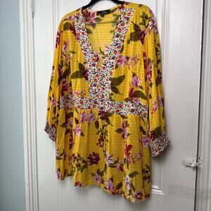 Suzanne Betro Top Women 2X Yellow Pink Floral Boho Tunic Peasant Blouse